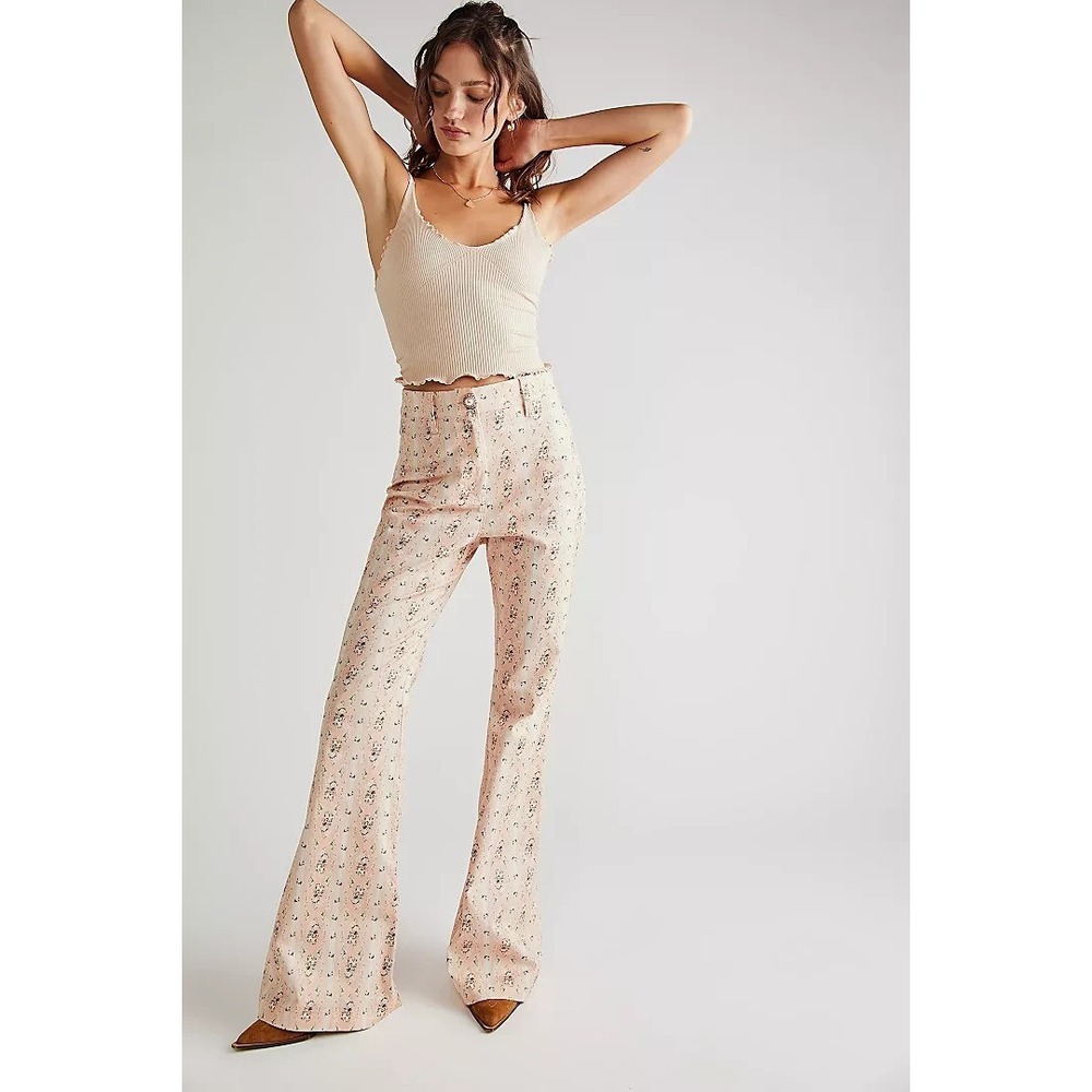 LoveShackFancy Flared Women's Sz 8 Porcelain Blush Meyerson Pants NWT Chic Cozy